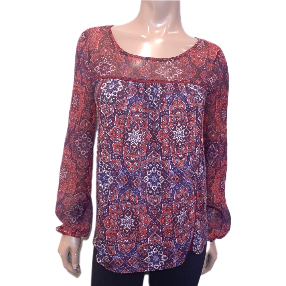 Lucky Brand Sheer Boho Top Long Sleeve Peasant Blouse Pleated Keyhole Neck